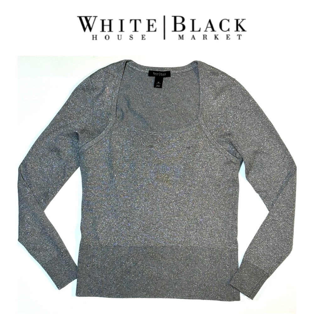 WHBM Silver Sparkle Metallic Square Neck Knit Top M